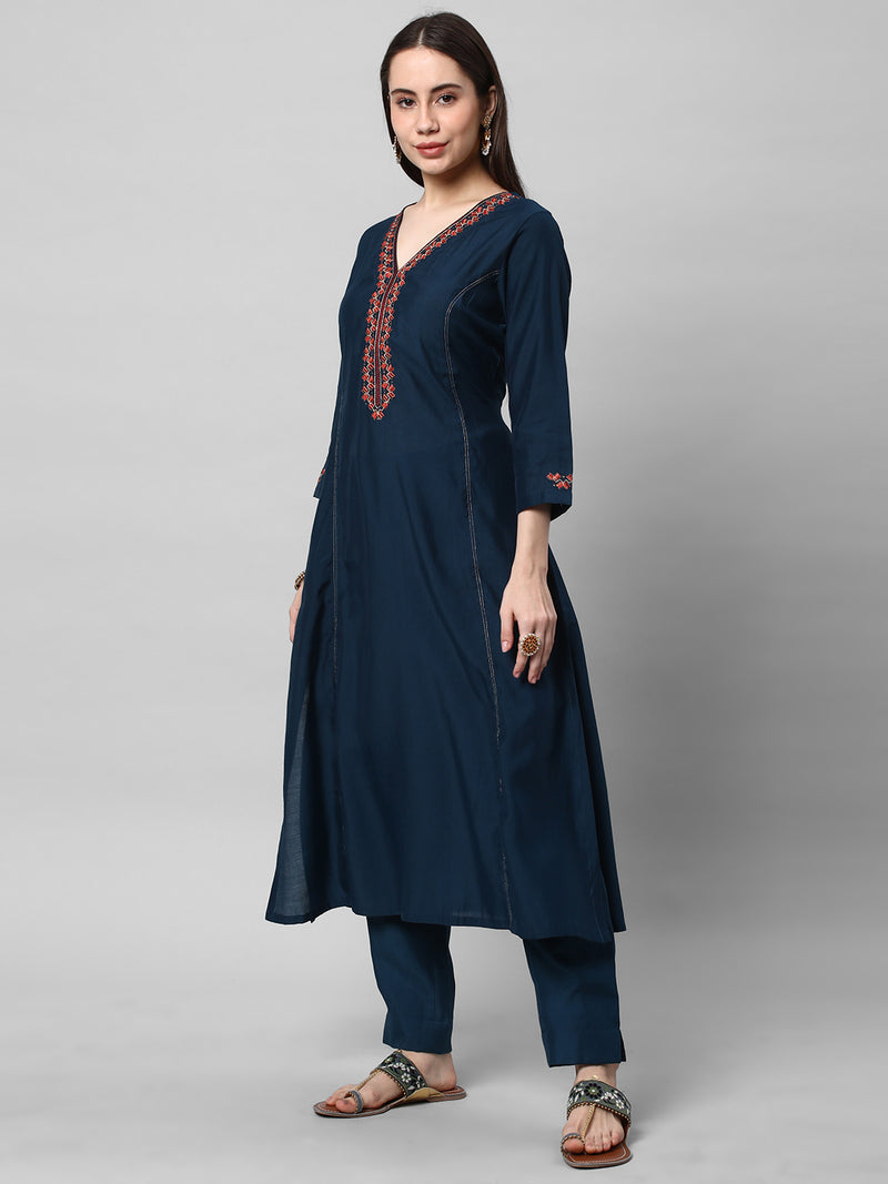 TASYA - A Line Roman Silk Kurta with Machine Embroidery in Contrasting Colors