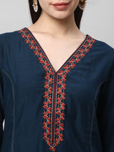 TASYA - A Line Roman Silk Kurta with Machine Embroidery in Contrasting Colors