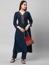 TASYA - A Line Roman Silk Kurta with Machine Embroidery in Contrasting Colors