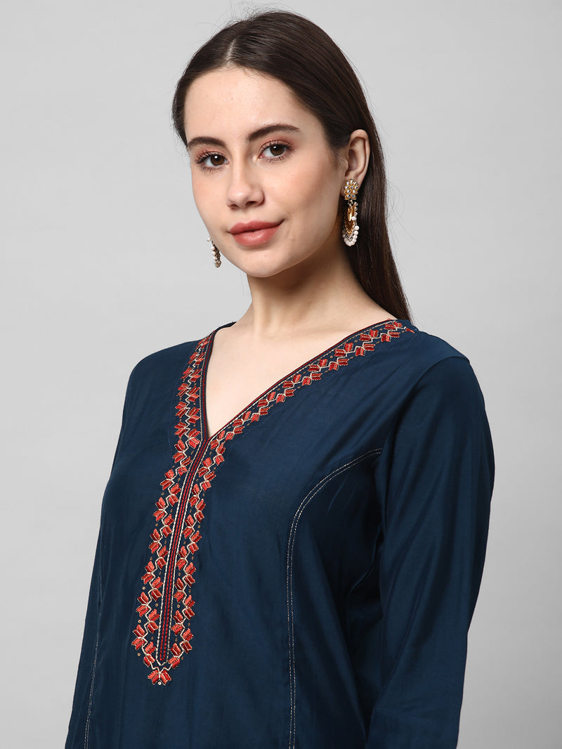 TASYA - A Line Roman Silk Kurta with Machine Embroidery in Contrasting Colors