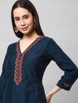 TASYA - A Line Roman Silk Kurta with Machine Embroidery in Contrasting Colors