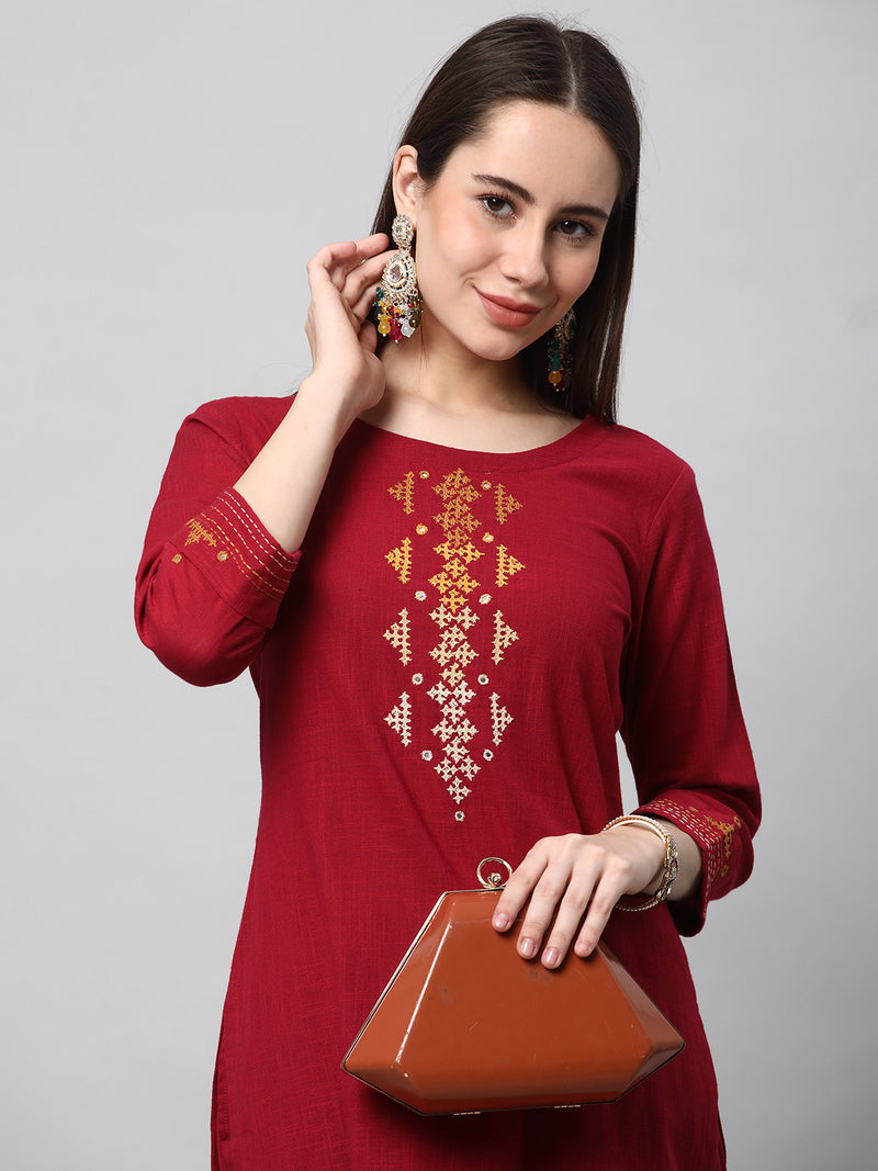 Leher - A cotton straight kurta with hand embroidery in the gradient colors.