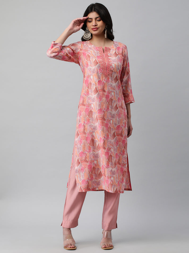 A printed chanderi kurta with embellishment at neck and sleeves.