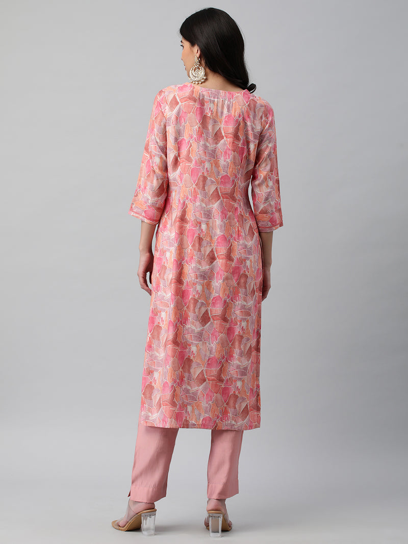 A printed chanderi kurta with embellishment at neck and sleeves.