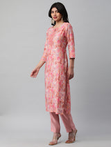 A printed chanderi kurta with embellishment at neck and sleeves.