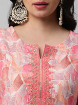 A printed chanderi kurta with embellishment at neck and sleeves.