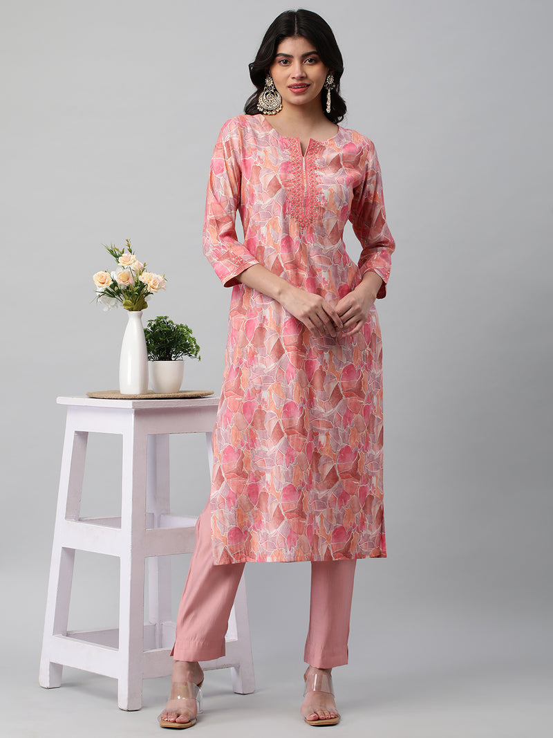 A printed chanderi kurta with embellishment at neck and sleeves.