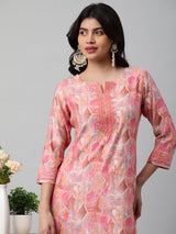 A printed chanderi kurta with embellishment at neck and sleeves.