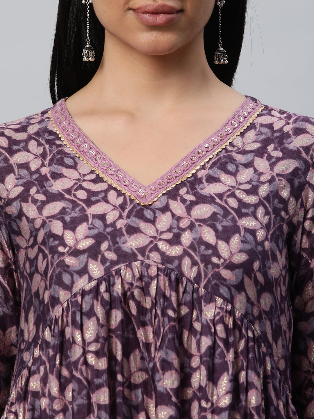 Party Edit- V-neck kurta with gathers at empire line along with the lace detail