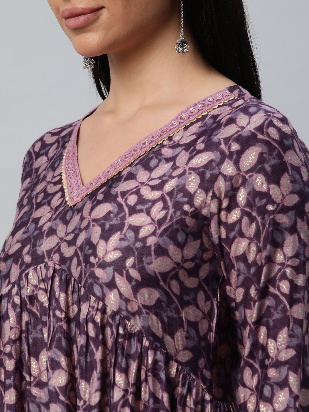 Party Edit- V-neck kurta with gathers at empire line along with the lace detail
