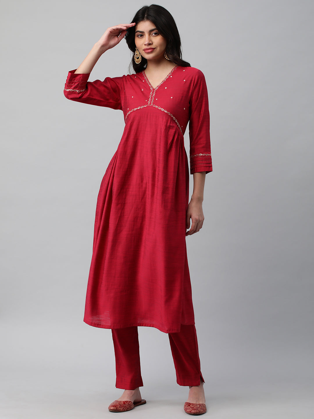 Party Edit- A Flared kurta with mock placket and machine embroidery