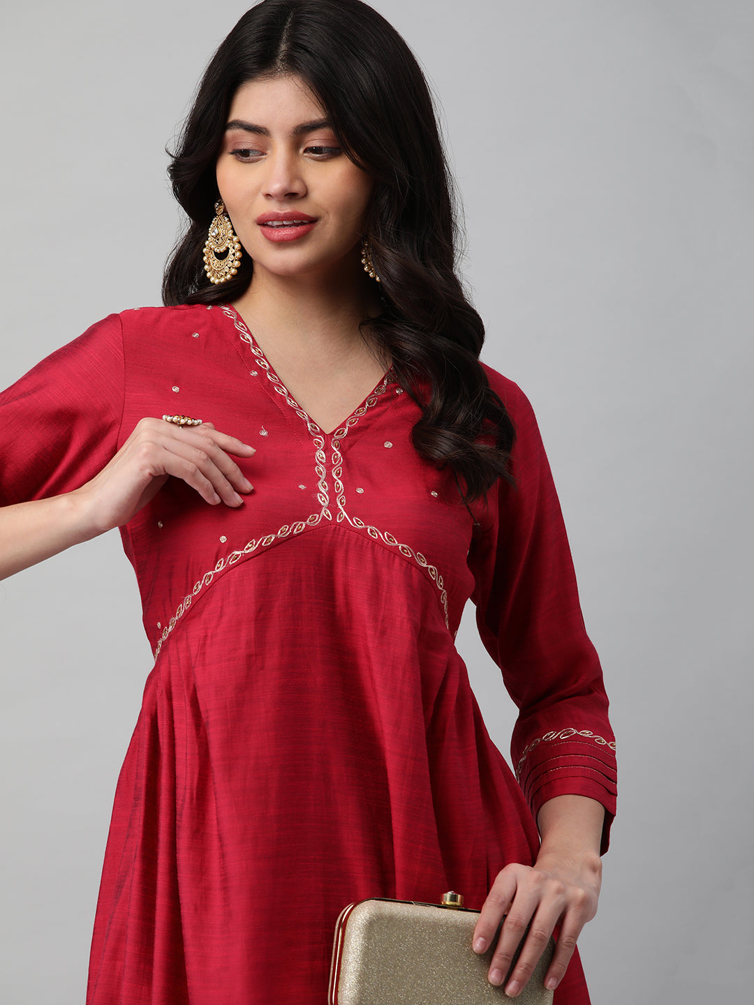 Party Edit- A Flared kurta with mock placket and machine embroidery
