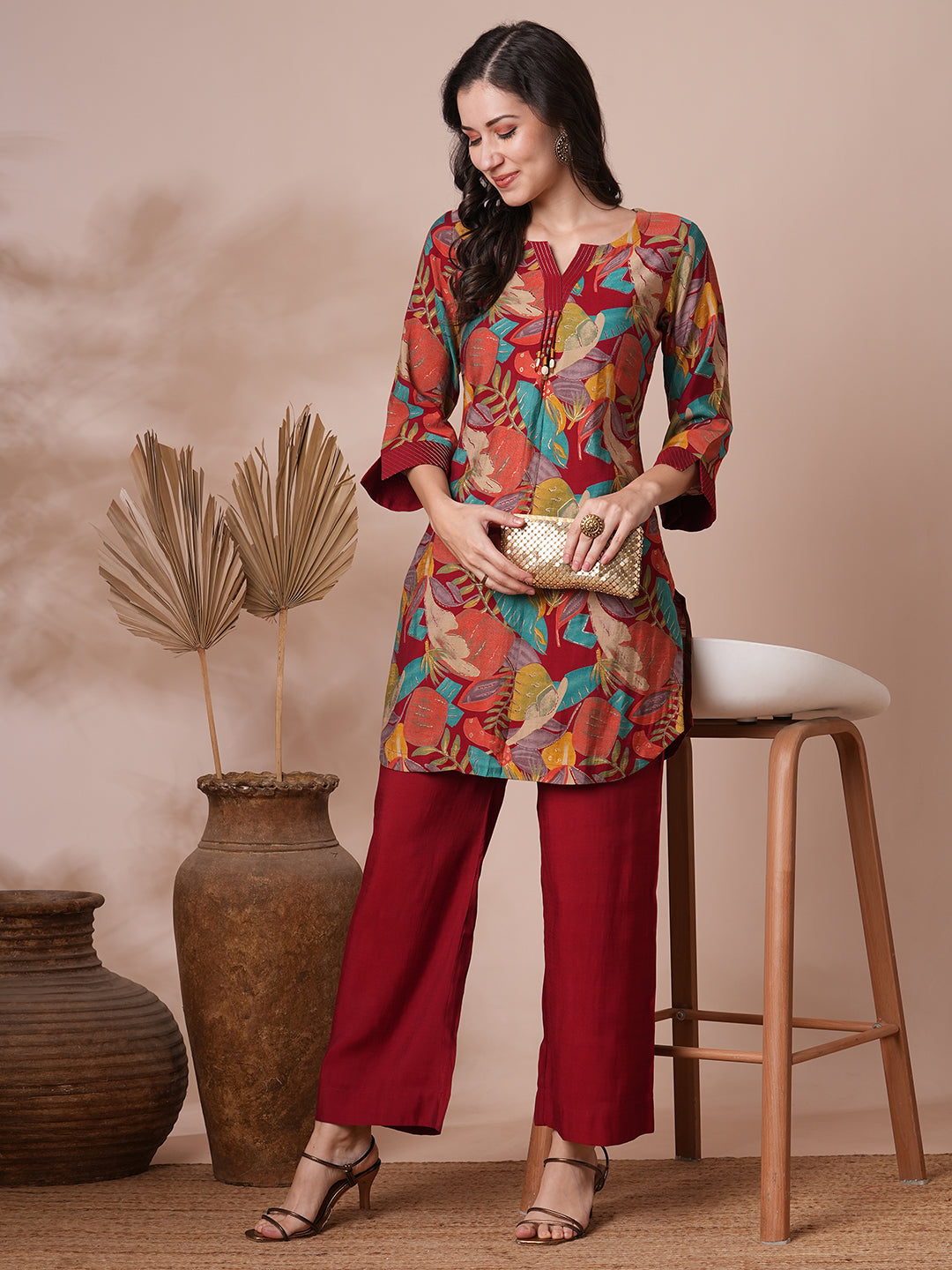 Party Edit- Printed centre pleated co-ord set with stitch lines on neck and cuff with tassel detailing, paired with palazzo