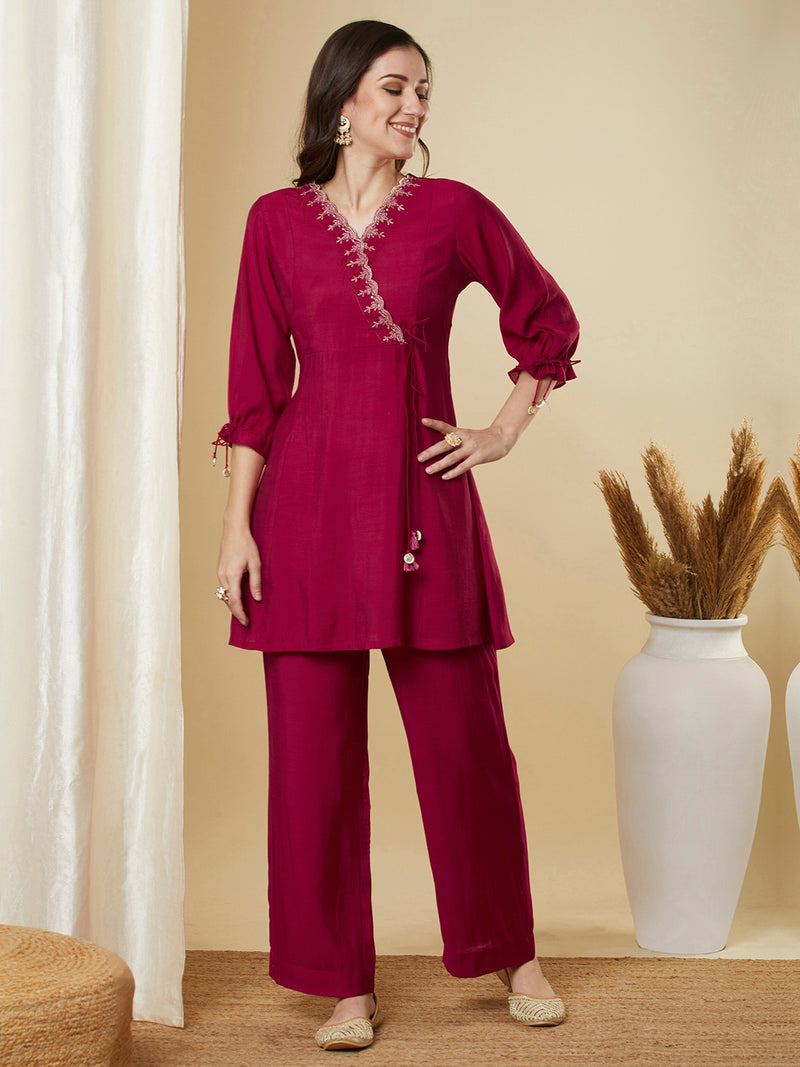 Paneled co-Ord set with cutwork embroidered mock paired with palazzo.