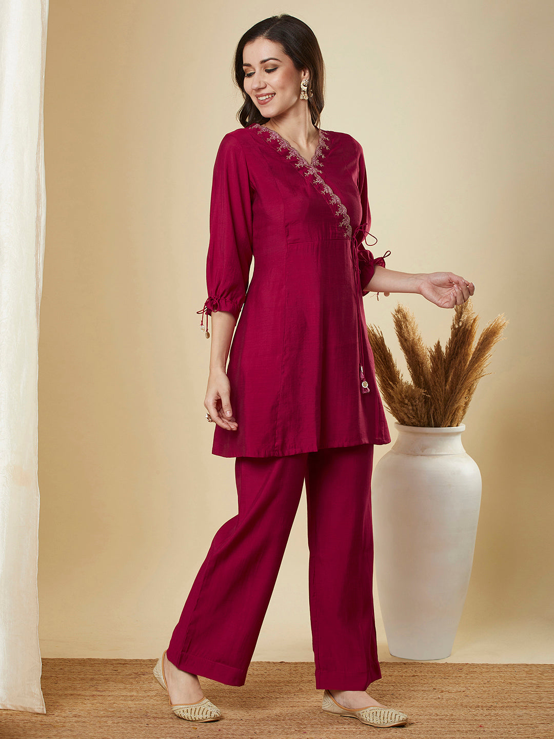 Party Edit- Panelled co-Ord set with cutwork embroidered mock paired with palazzo