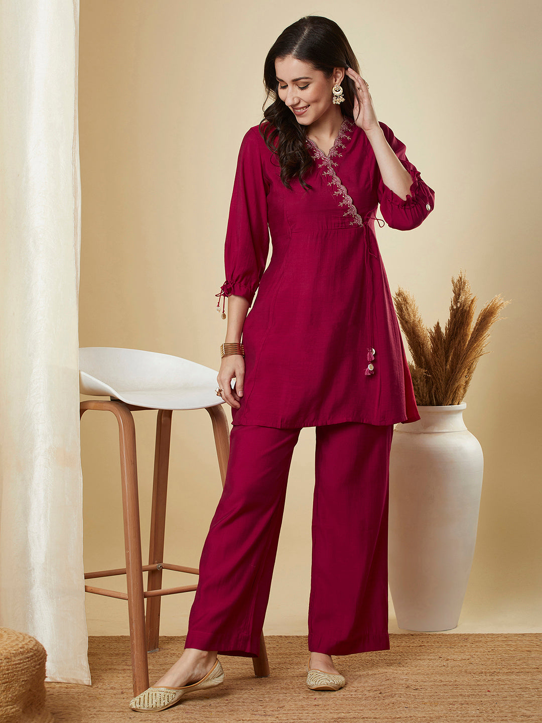 Party Edit- Panelled co-Ord set with cutwork embroidered mock paired with palazzo