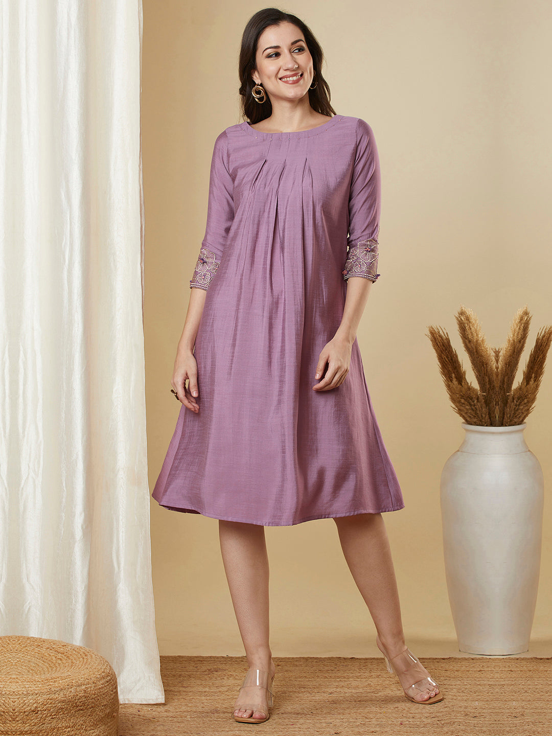 Party Edit- Pocketed silk blend dress with box pleating and thread emb