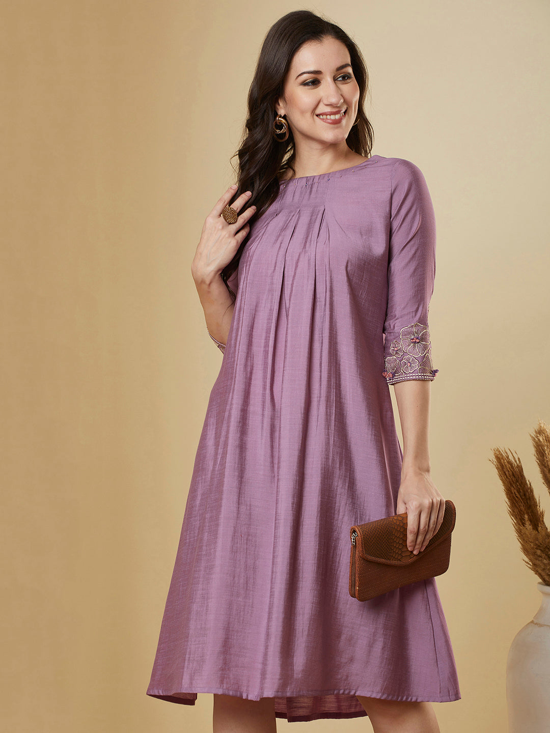 Party Edit- Pocketed silk blend dress with box pleating and thread embroidery