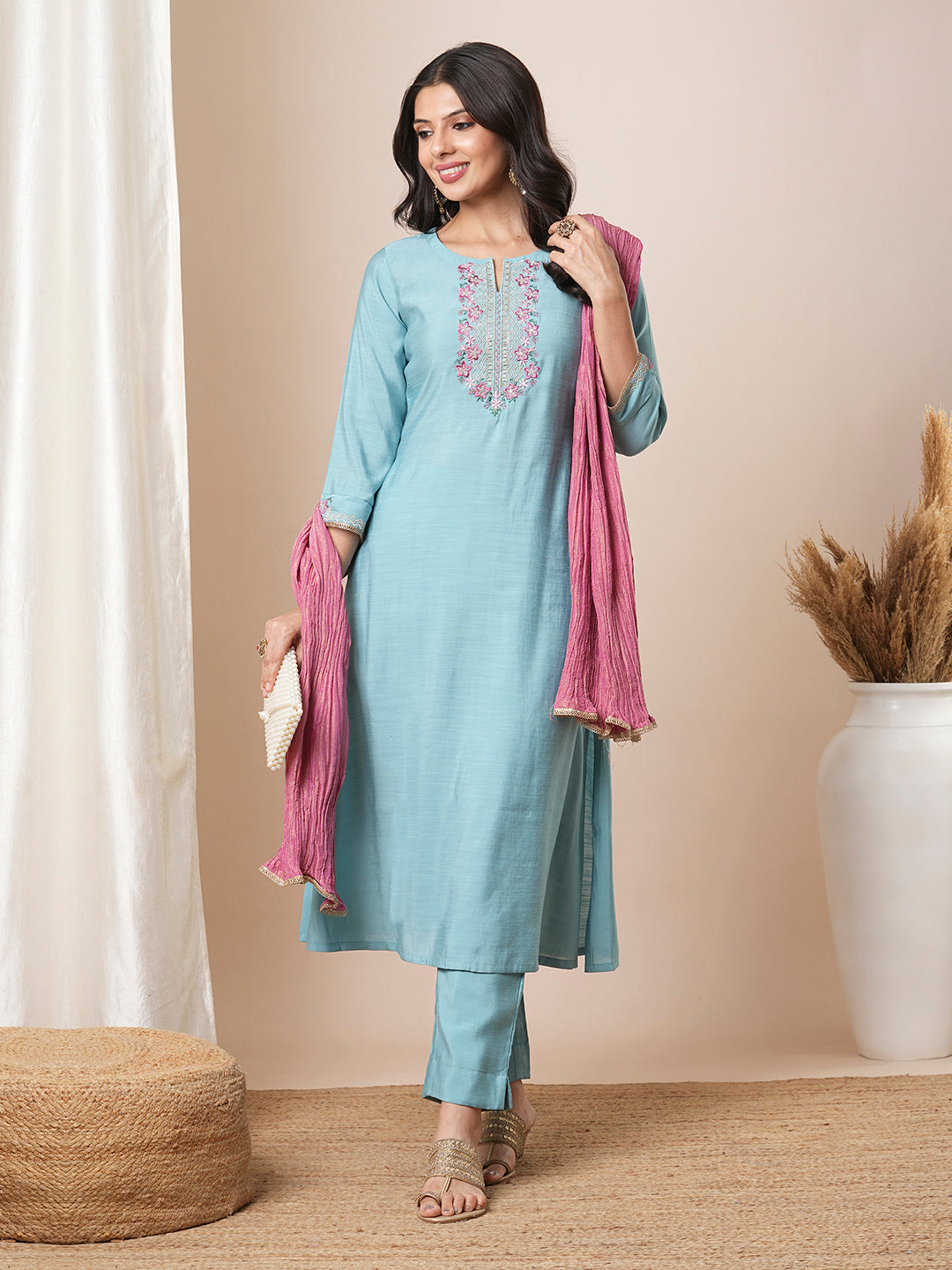 Party Edit- Embroidered straight fit silk blend kurta paired with lined pants and crushed dupatta