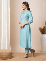 Embroidered straight fit silk blend kurta paired with lined pants and crushed dupatta.