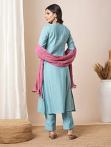 Embroidered straight fit silk blend kurta paired with lined pants and crushed dupatta.