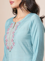 Embroidered straight fit silk blend kurta paired with lined pants and crushed dupatta.