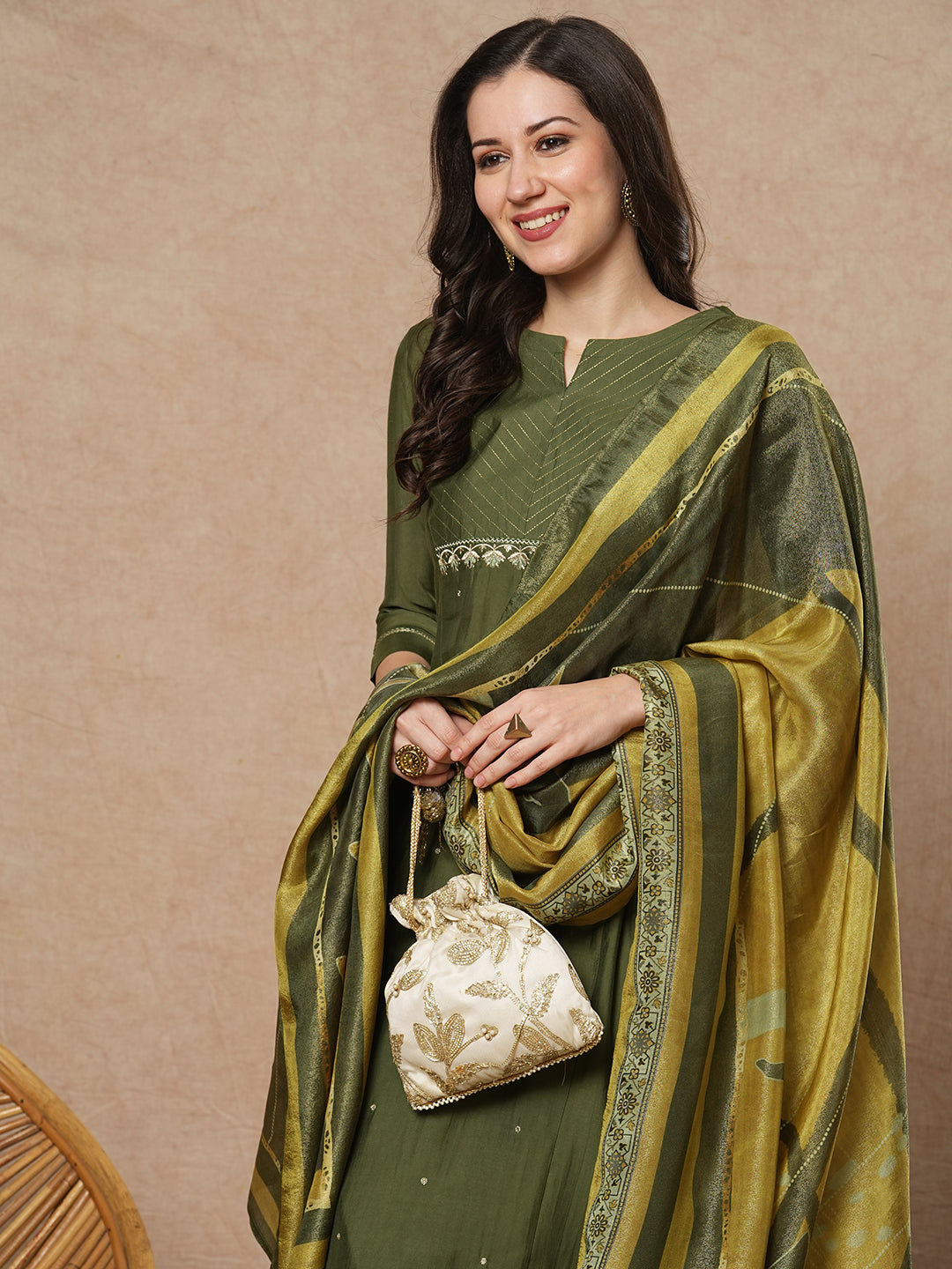 Party Edit- Embroidered A line kurta in silk blend fabric paired with printed silk blend dupatta and pants