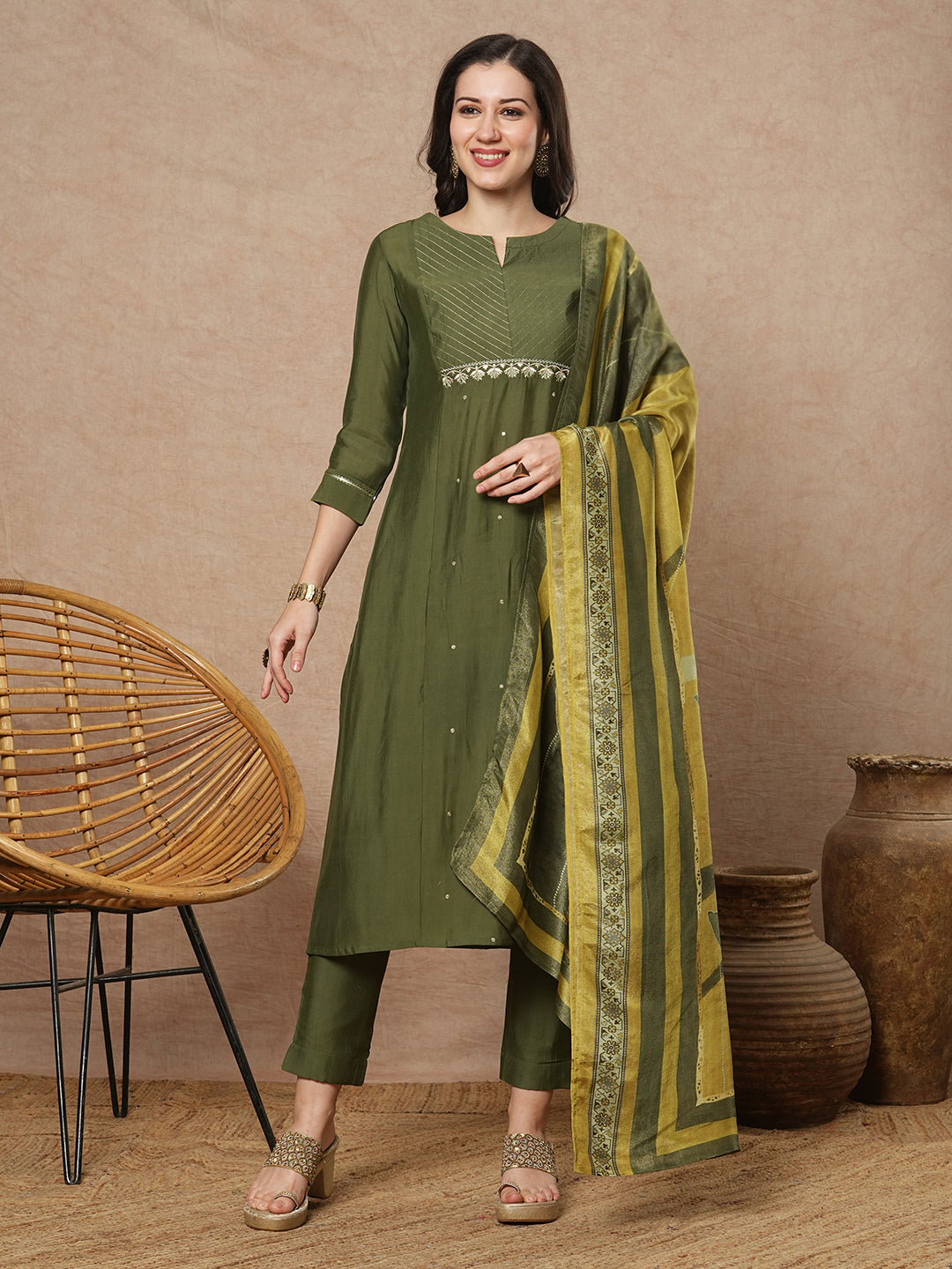 Party Edit- Embroidered A line kurta in silk blend fabric paired with printed silk blend dupatta and pants