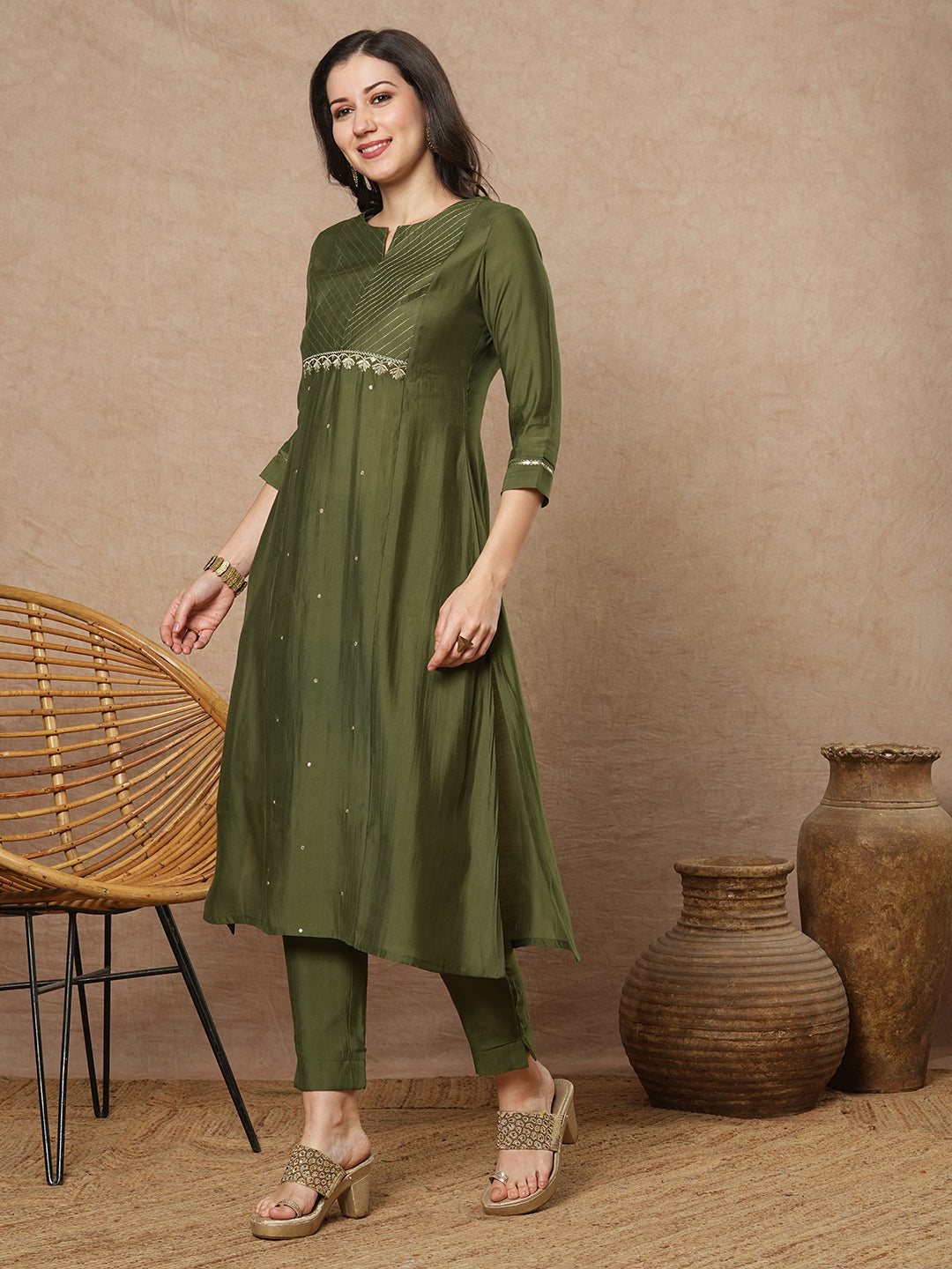 Party Edit- Embroidered A line kurta in silk blend fabric paired with printed silk blend dupatta and pants