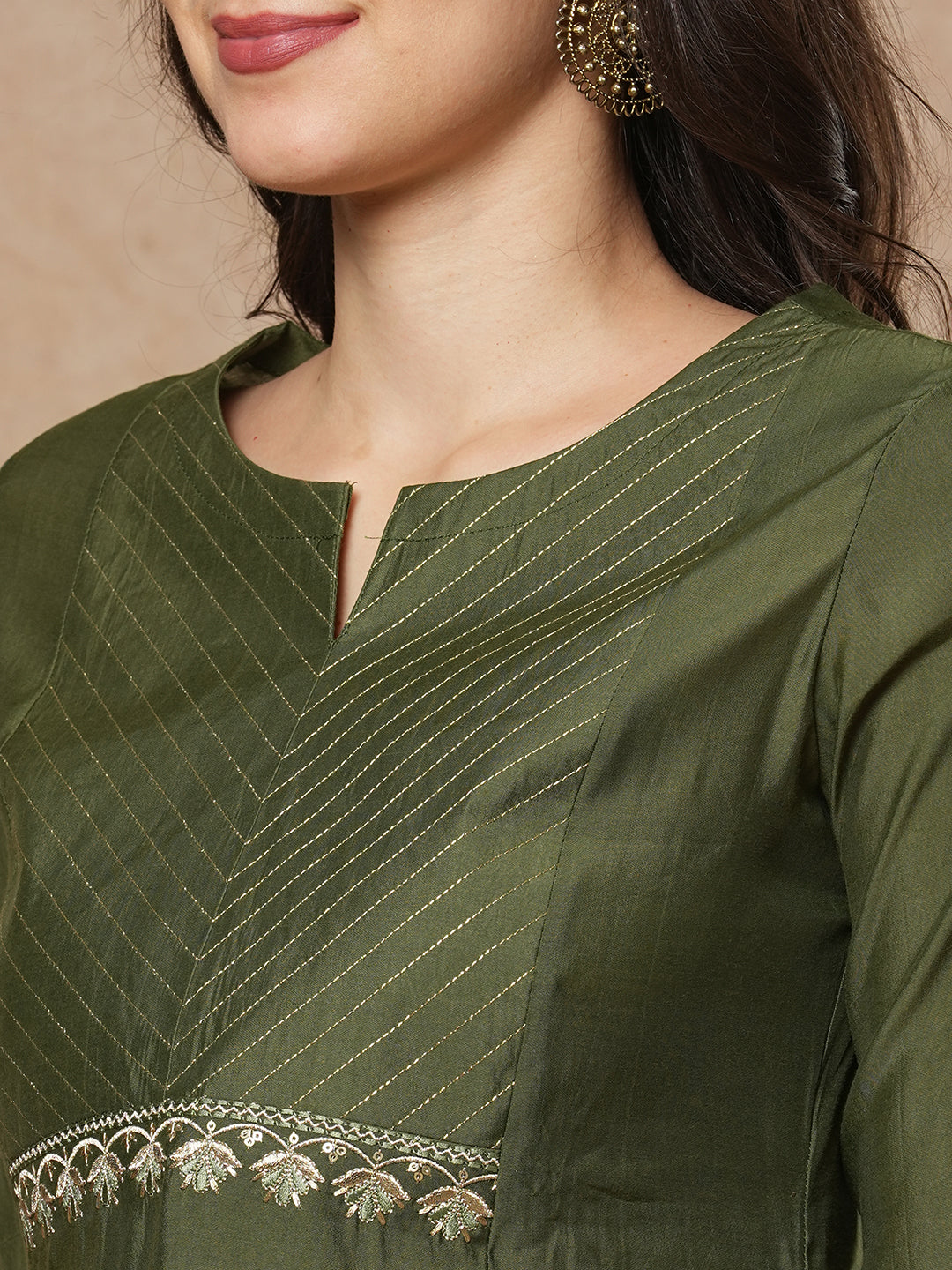 Party Edit- Embroidered A line kurta in silk blend fabric paired with printed silk blend dupatta and pants