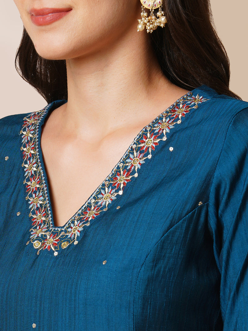 Tasya - A-line silk blend kurta with zari embroidery detailing paired with printed dupatta and lined silk blend pants.