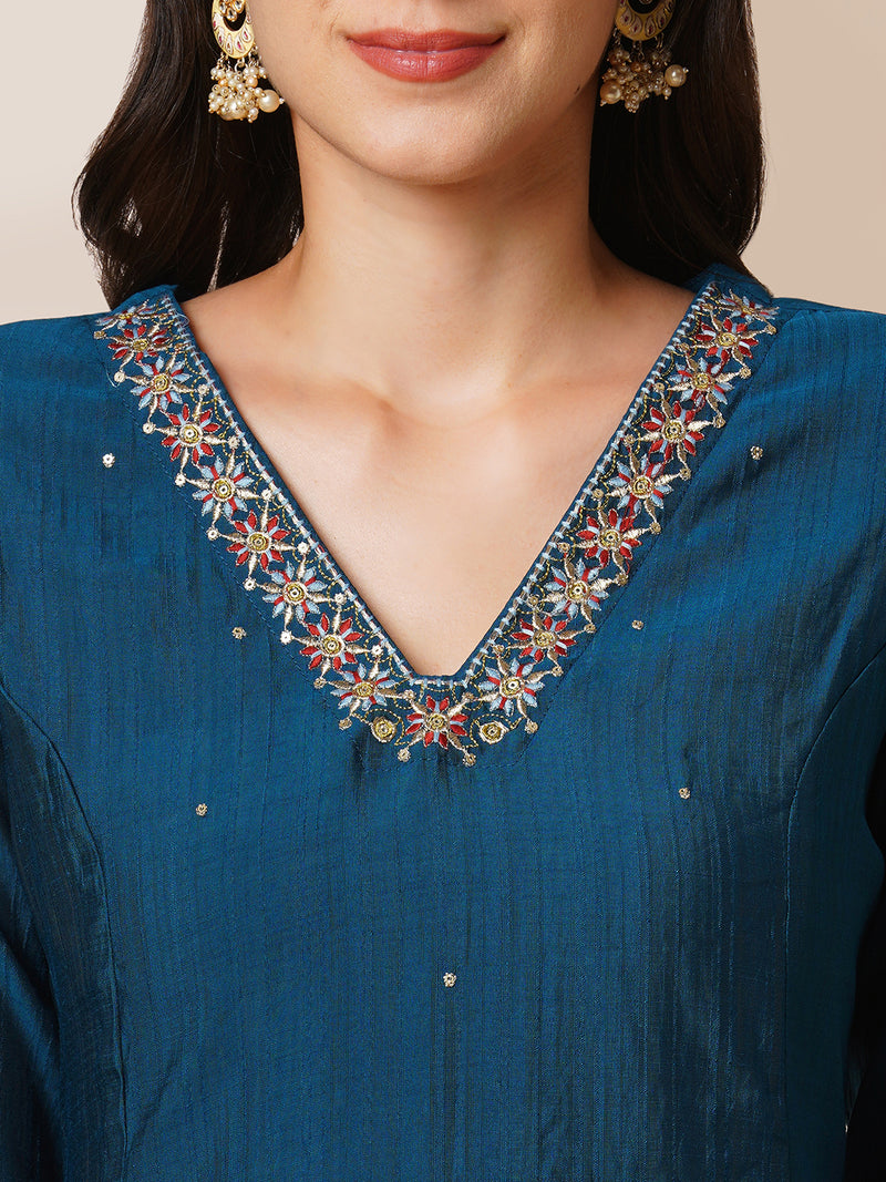 Tasya - A-line silk blend kurta with zari embroidery detailing paired with printed dupatta and lined silk blend pants.