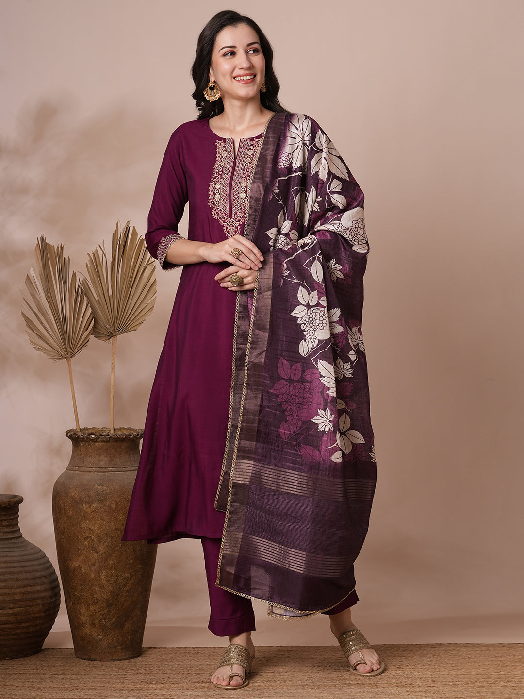 Party Edit- Embroidered A line silk blend kurta paired with printed dupatta and lined pants