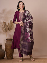 Embroidered A line silk blend kurta paired with printed dupatta and lined pants.