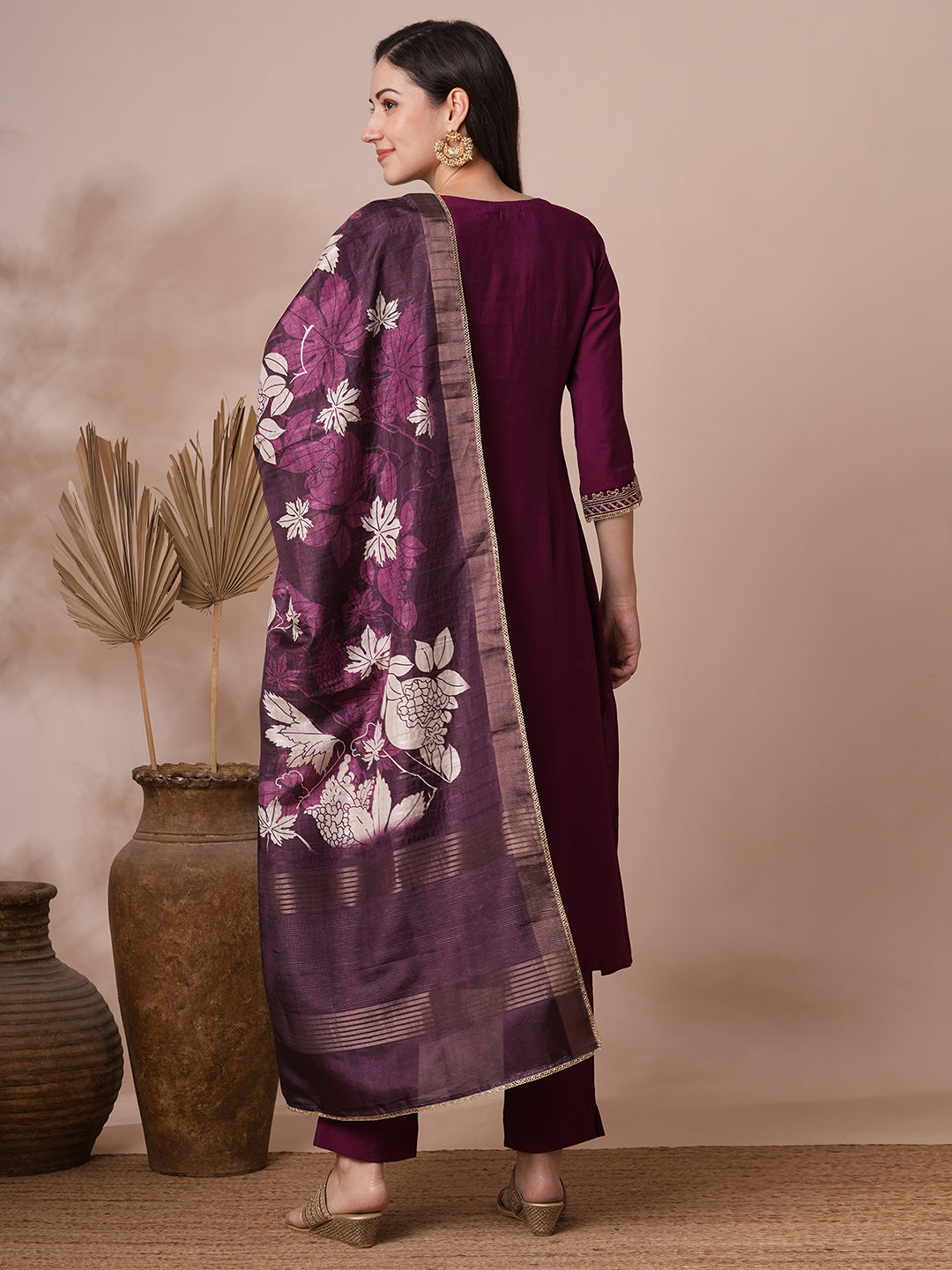 Party Edit- Embroidered A line silk blend kurta paired with printed dupatta and lined pants