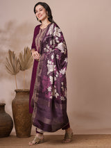 Embroidered A line silk blend kurta paired with printed dupatta and lined pants.