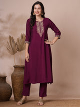 Embroidered A line silk blend kurta paired with printed dupatta and lined pants.