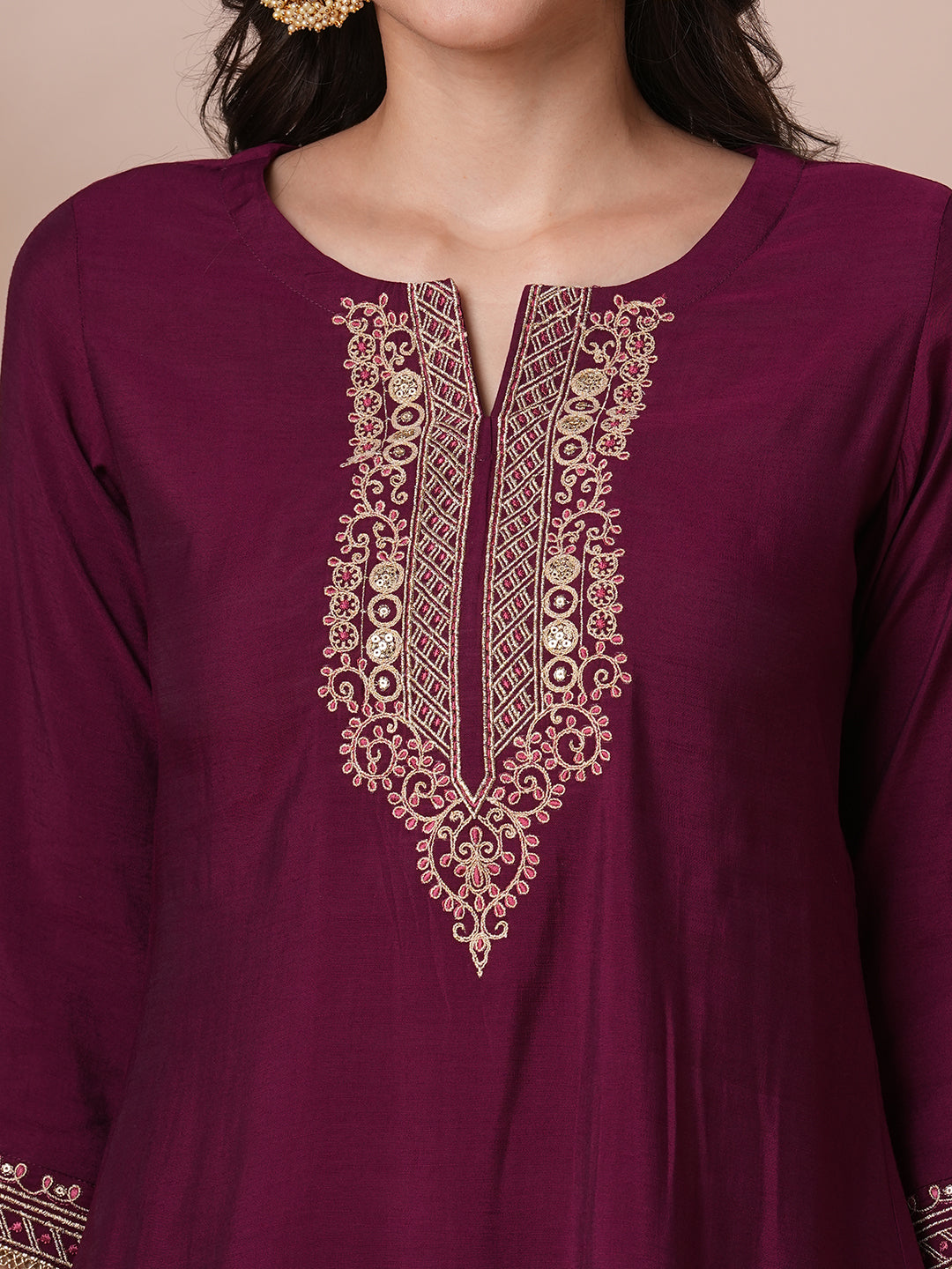 Party Edit- Embroidered A line silk blend kurta paired with printed dupatta and lined pants