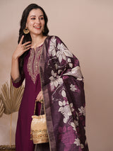 Embroidered A line silk blend kurta paired with printed dupatta and lined pants.