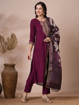 Embroidered A line silk blend kurta paired with printed dupatta and lined pants.