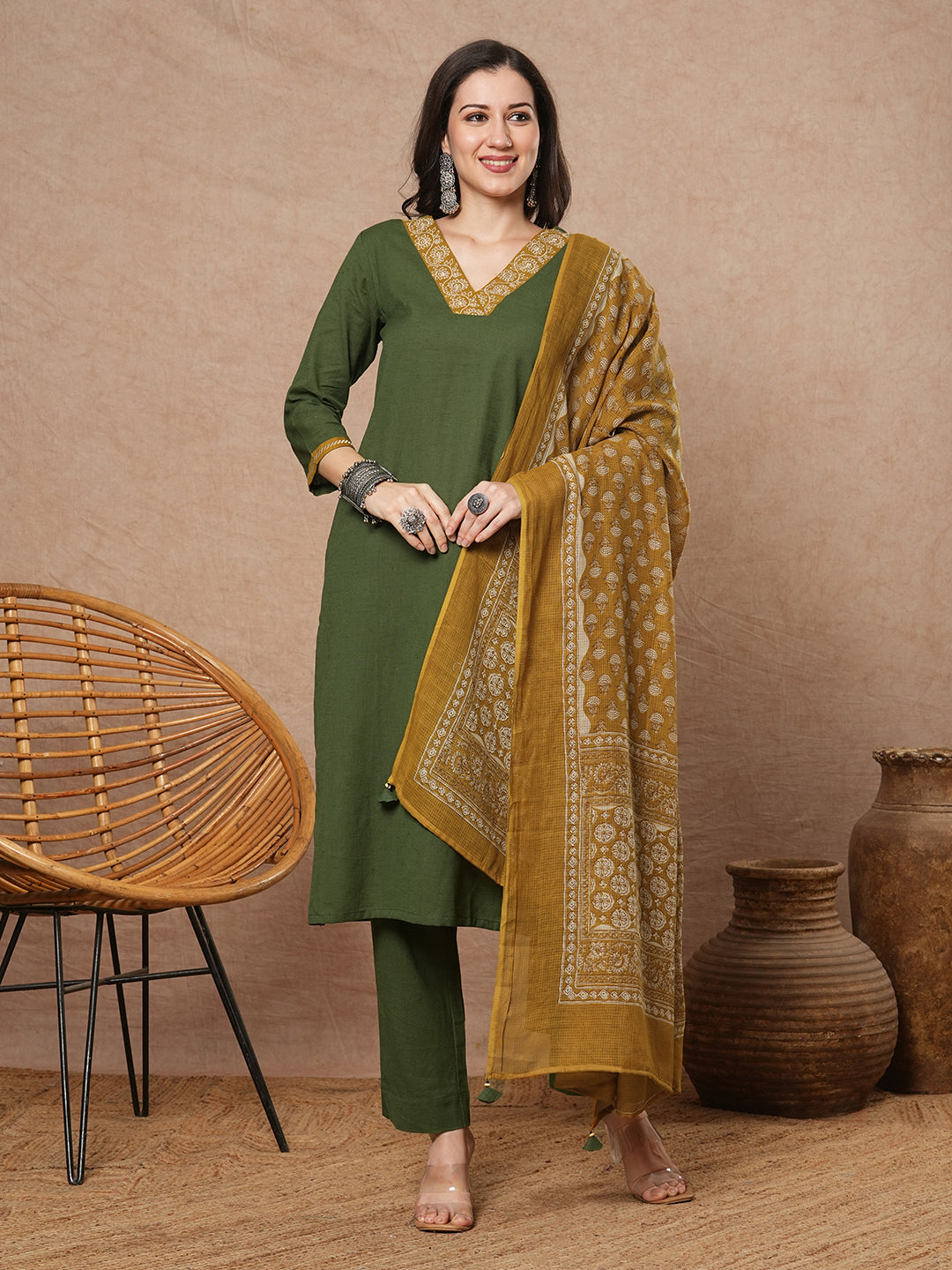 Green A-line kurta set with Embroidered V-neck with black printed dupatta and pant
