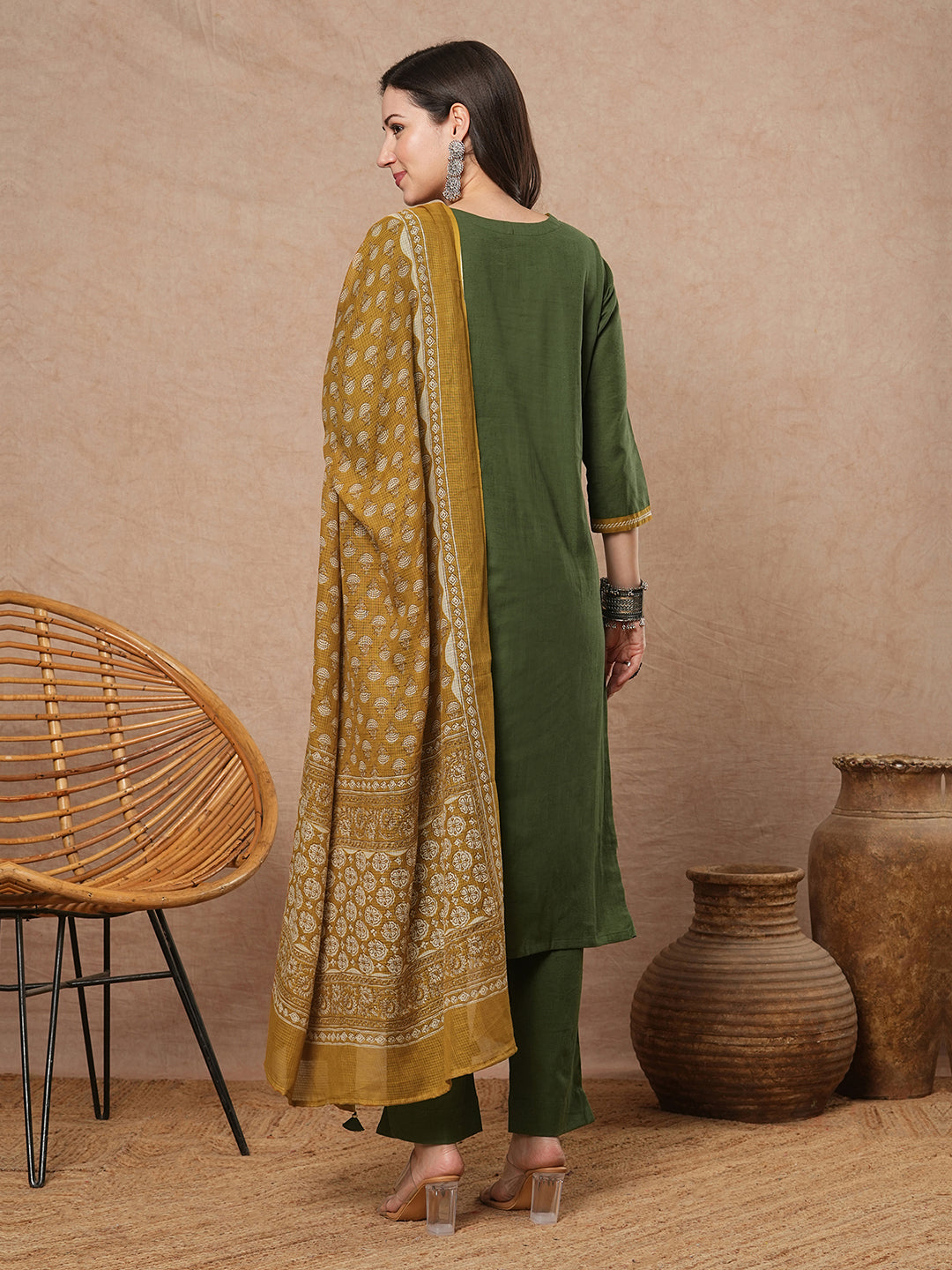 Green A-line kurta set with Embroidered V-neck with black printed dupatta and pant