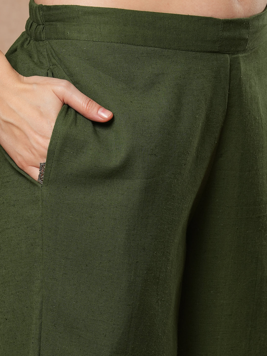 Green A-line kurta set with Embroidered V-neck with black printed dupatta and pant