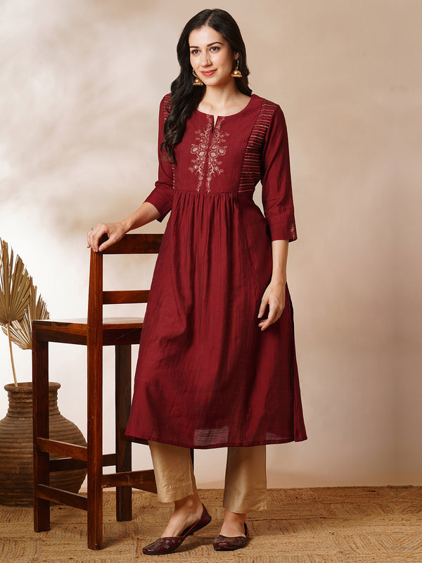 INAARA - A-line gathered silk blend kurta with zari embroidery and a side pocket.