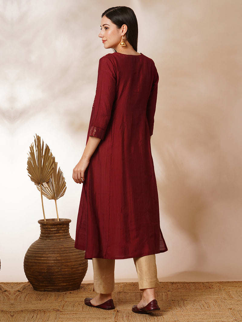 INAARA - A-line gathered silk blend kurta with zari embroidery and a side pocket.