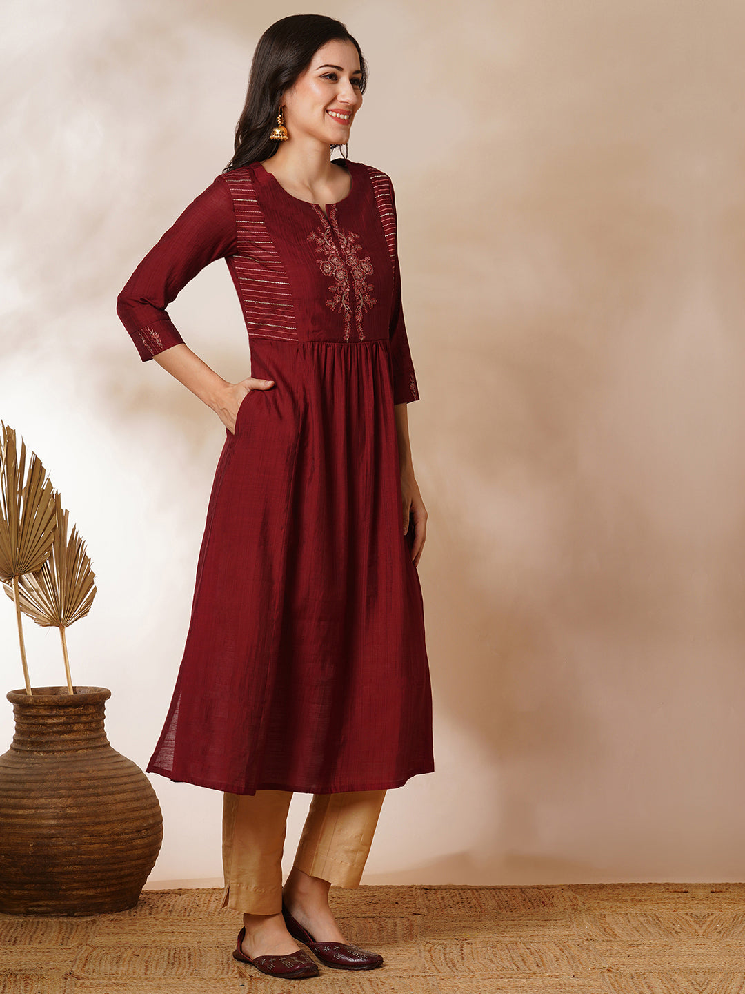 Party Edit- A-line gathered silk blend kurta with zari embroidery and a side pocket