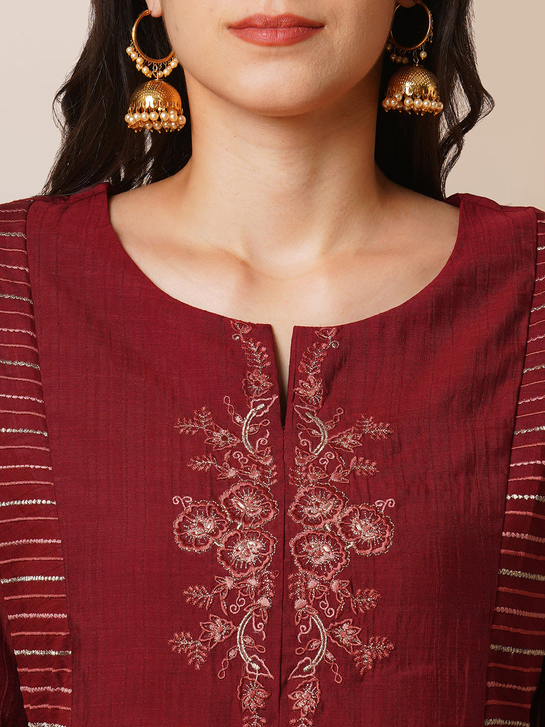 Party Edit- A-line gathered silk blend kurta with zari embroidery and a side pocket