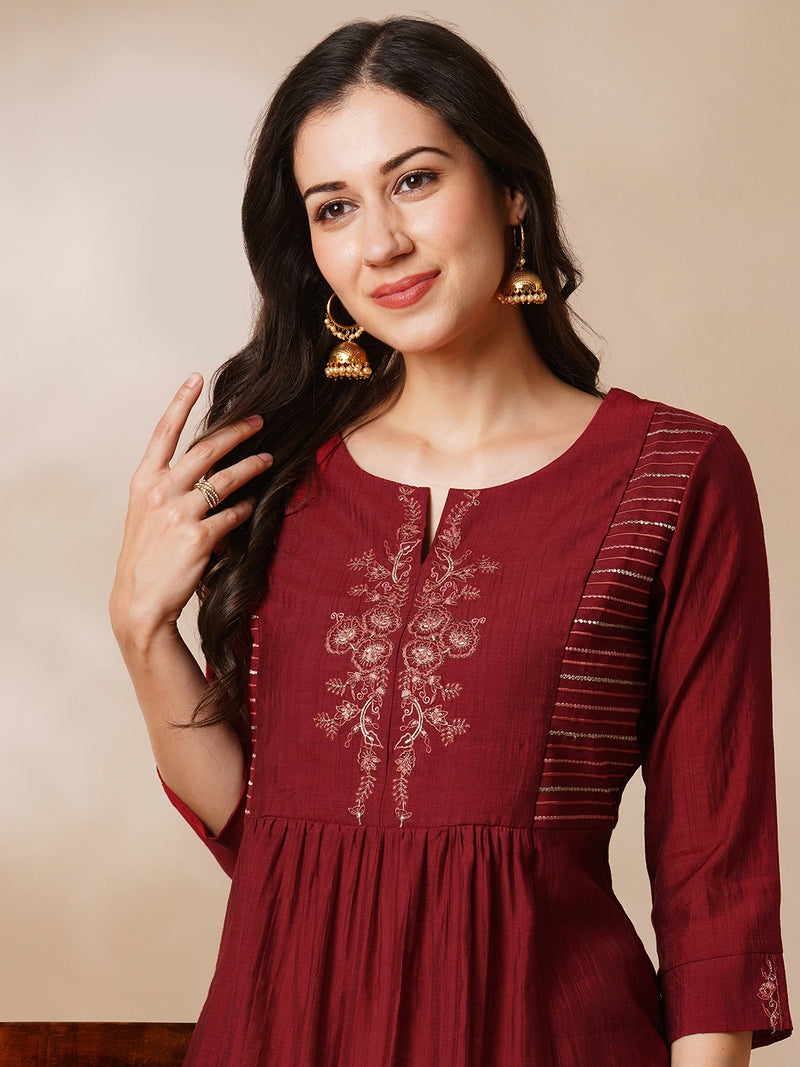 INAARA - A-line gathered silk blend kurta with zari embroidery and a side pocket.