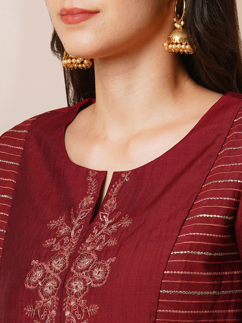 INAARA - A-line gathered silk blend kurta with zari embroidery and a side pocket.