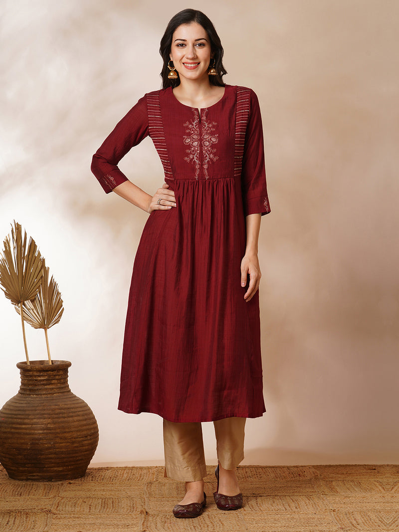 INAARA - A-line gathered silk blend kurta with zari embroidery and a side pocket.